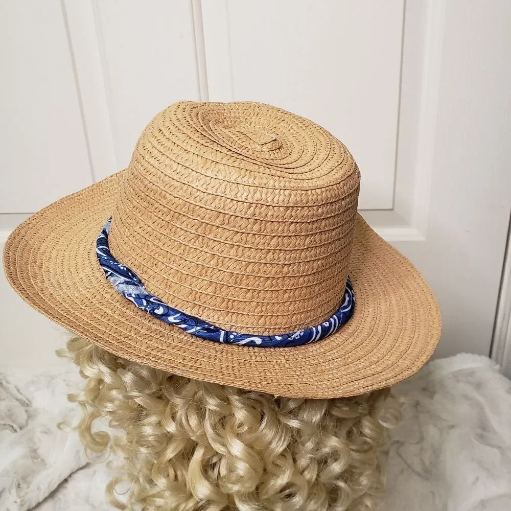 Paper Sun Hat w/Blue and White Hat Band